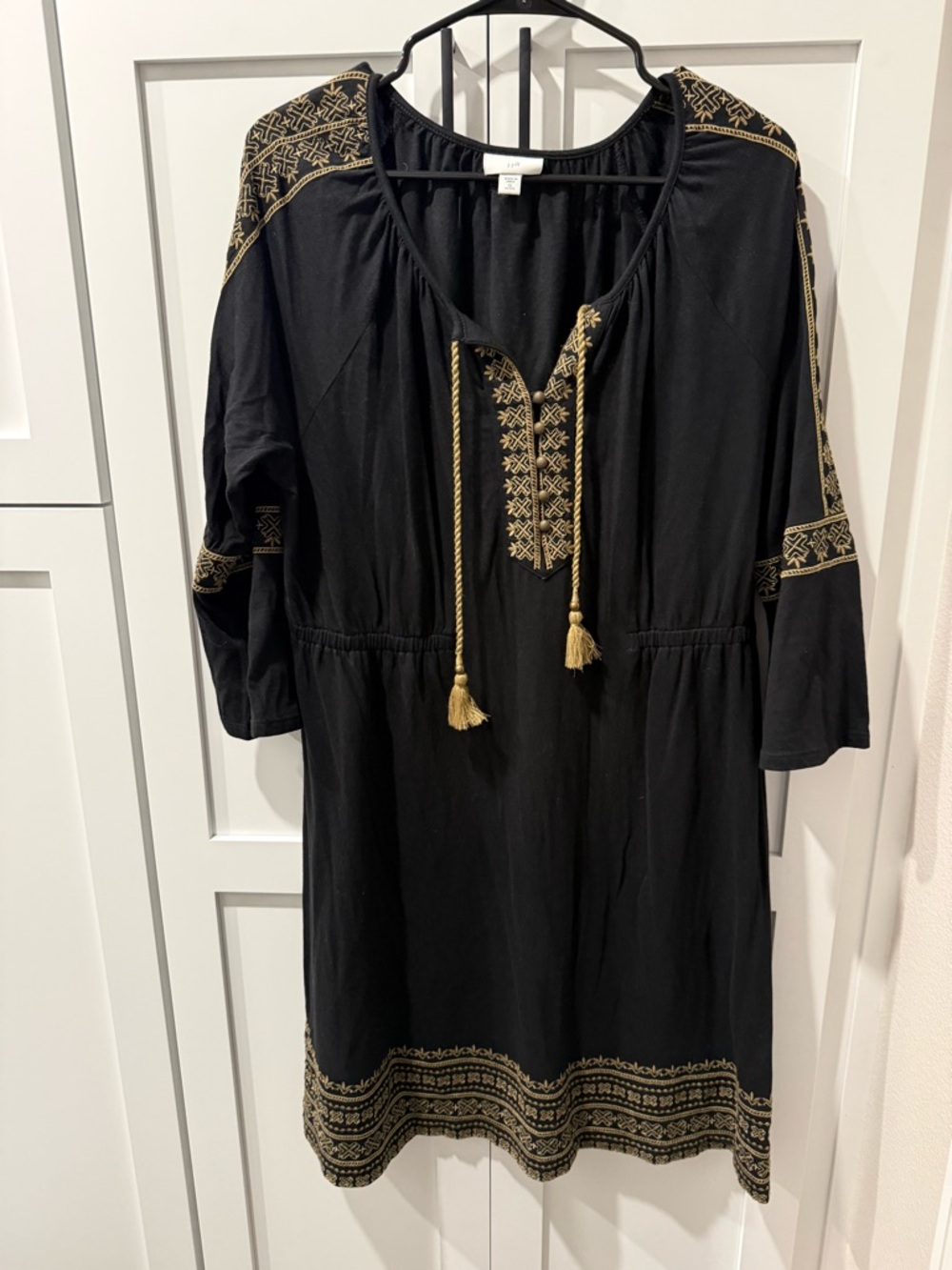 Jjill black boho style dress with gold embroidery